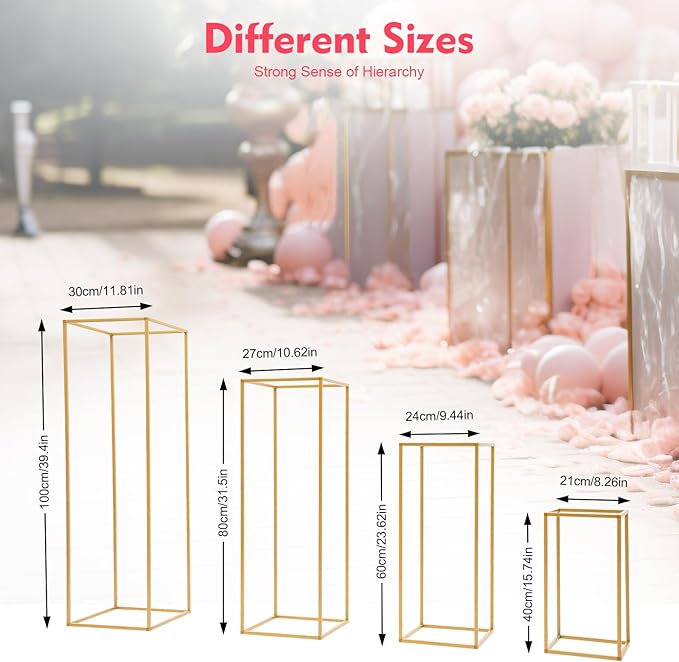 4 Pcs Metal Flower Stand for Wedding Centerpieces Stand Column Vases Wedding Flower Stand Rectangular Geometric Gold Centerpieces Stands for Wedding Decorations Home Party Event (4Pcs)