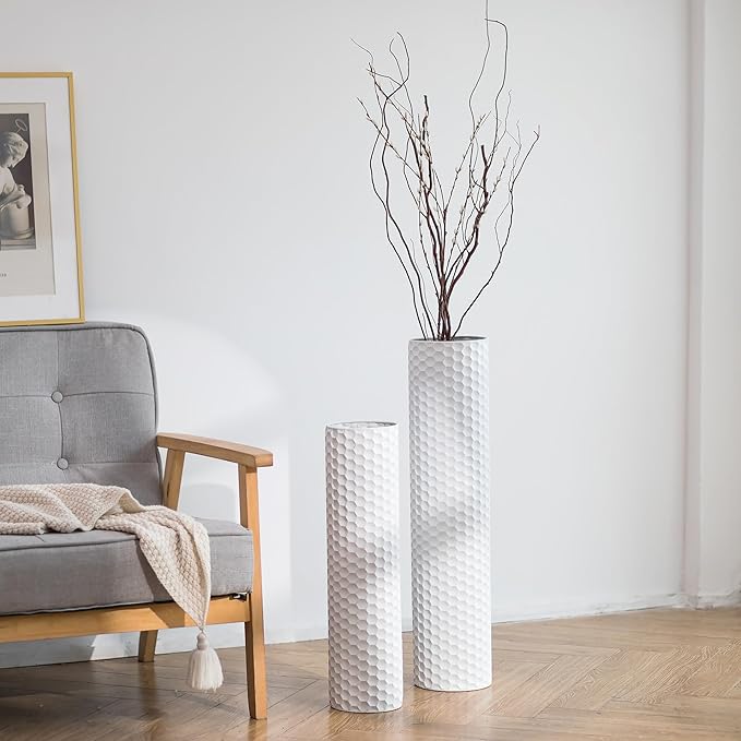 Sziqiqi White Tall Vases for Floor: 27.6/21.7in Metal Cylinder Handmade Flower Holder Extra Large Decorative Vase Set of 2 Modern Honeycomb Texture Big Standing Vase for Living Room Home Corner