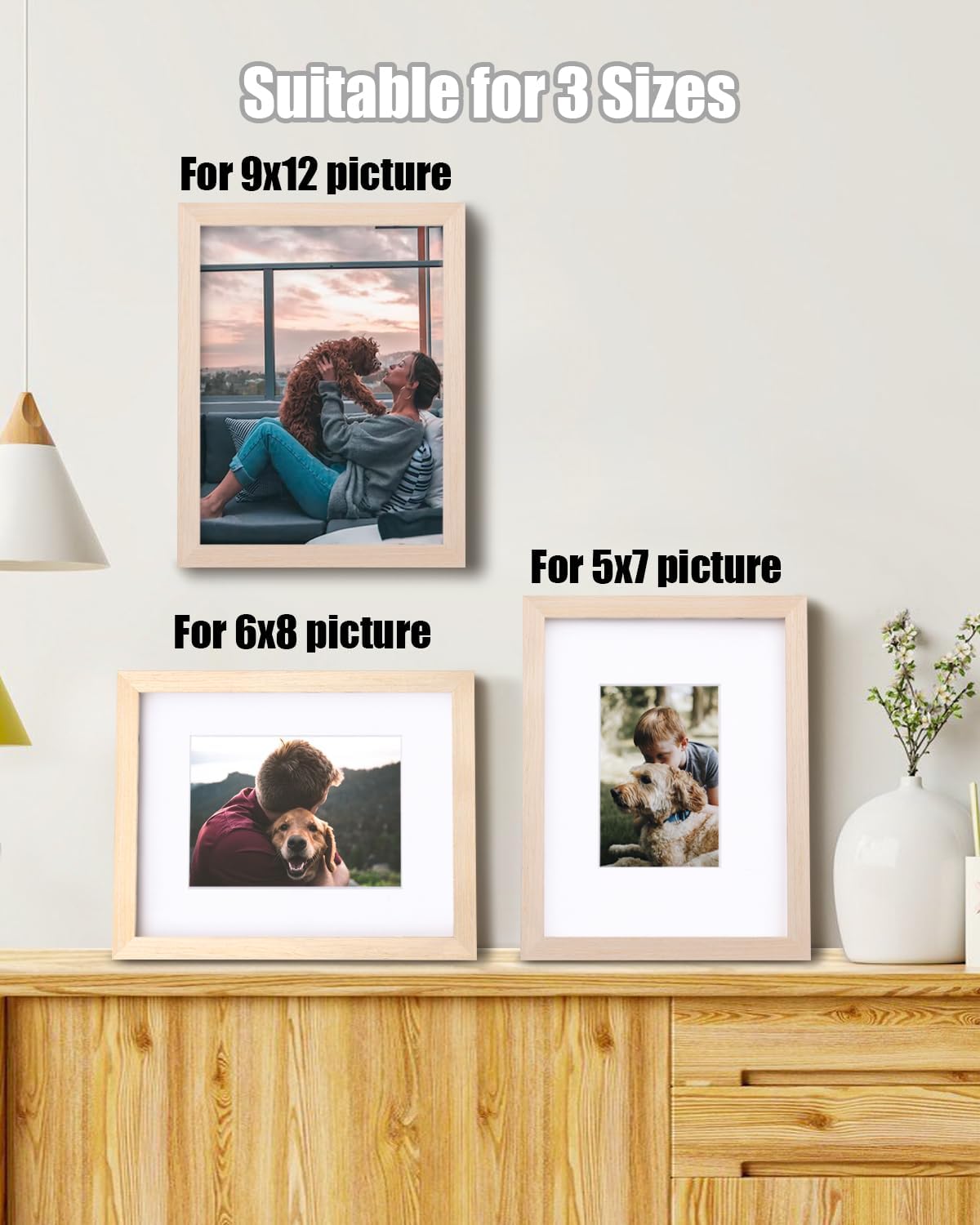 Egofine 9x12 Picture Frames Set of 4, Made of Solid Wood Covered by Plexiglass 5x7 and 6x8 with Mat or 9x12 without Mat, for Table Top Display and Wall Mounting Photo Frame Oak Wood