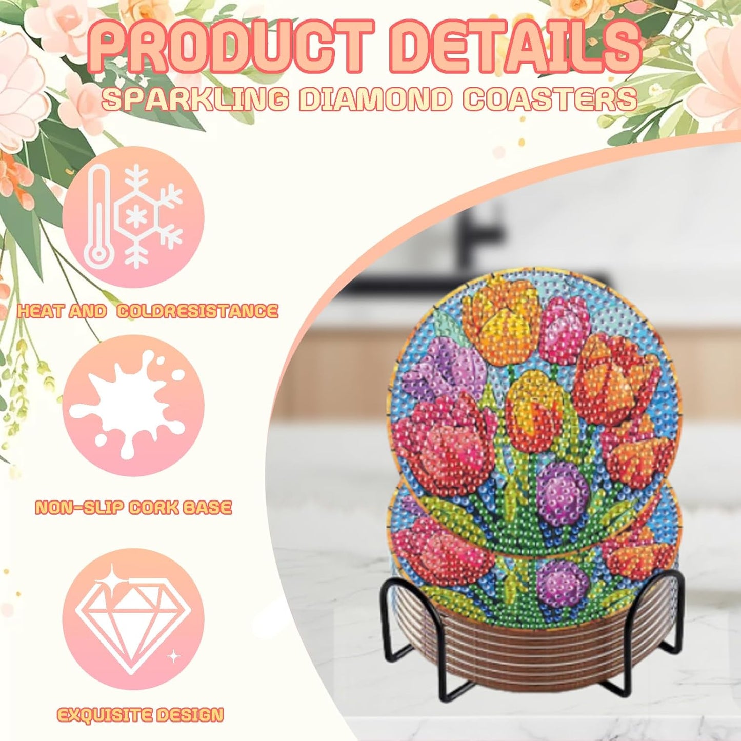 DOZEEZOP 8 PCS Flowers Diamond Art Coasters Kits, Diamond Painting Coasters with Holder and Cork Pads, Diamond Art Kits for Adults Beginners, Arts and Crafts Coaster Home Decor