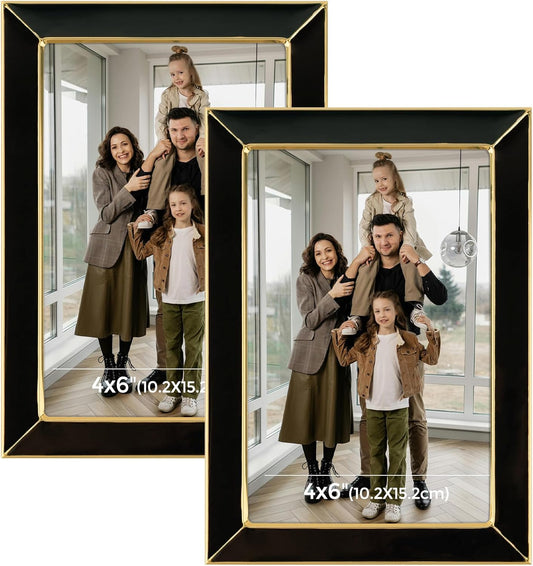 Frametory Enamel Picture Frame - 4x6 Gold Metal Edge Black Enamel Picture Frame With Easel and Velvet Back for Tabletop Display, Bookshelf, 4x6 Wall Decoration, Photo Frames-2 Set