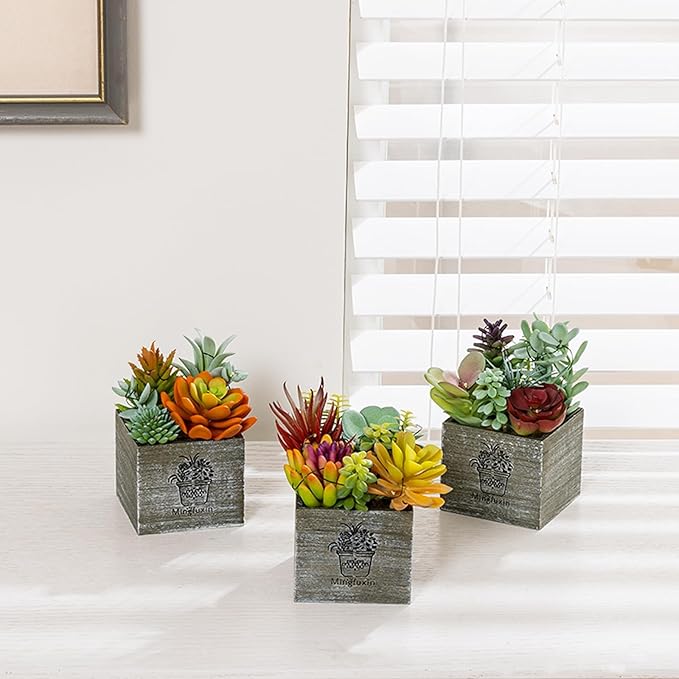 Mingfuxin Succulents Plants Artificial, Small Faux Plants with Lights, Assorted Decorative Fake Succulent Potted for Office Desk Bathroom Bedroom Shelves Windows Room Decor