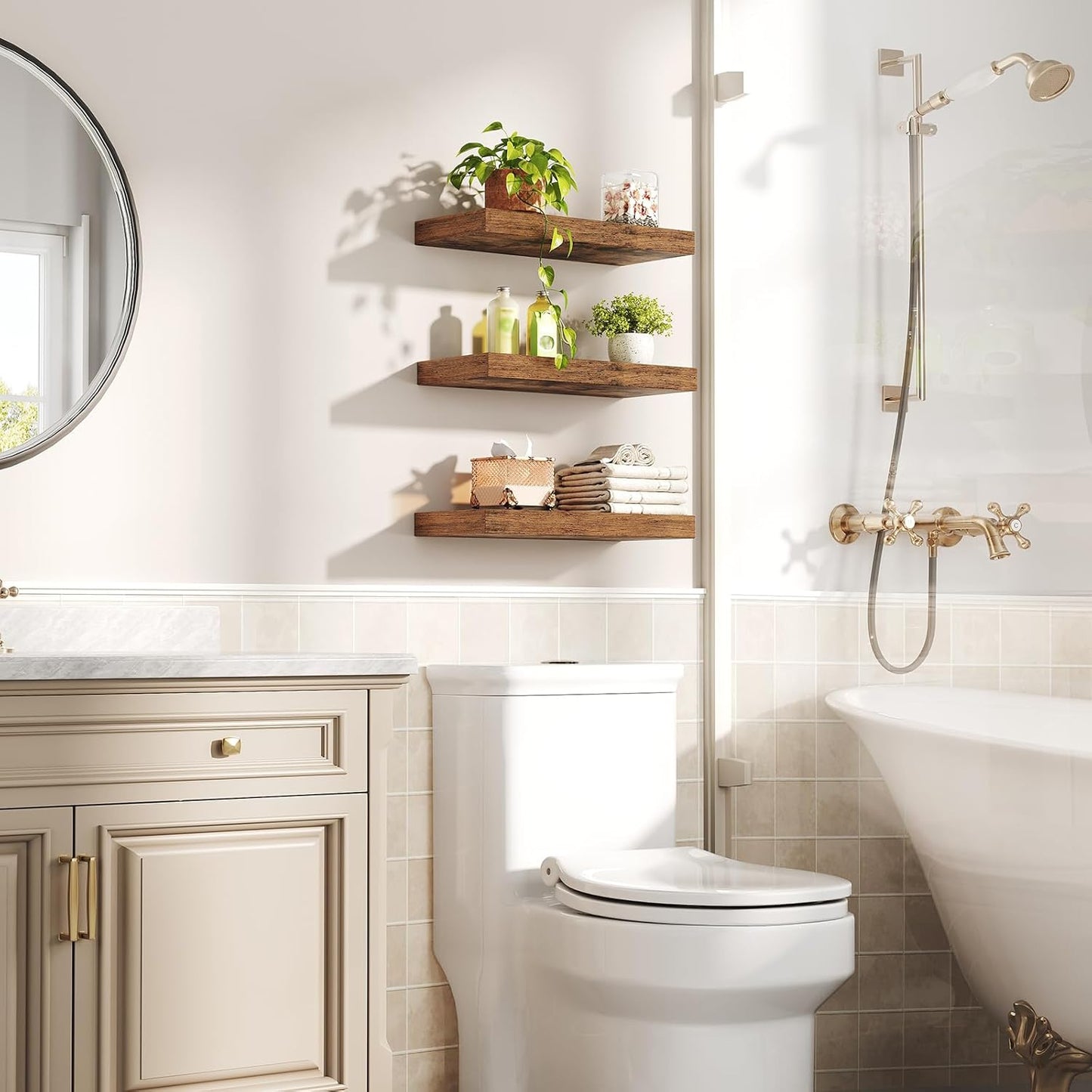 Floating Shelves for Wall, 1.5" Thick Wall Shelf Set of 3 with Invisible Brackets, 15.7L x 7.9W Hanging Shelves Farmhouse Home Decor for Bathroom, Living Room, Bedroom, Rustic Brown 4301BJP3BF