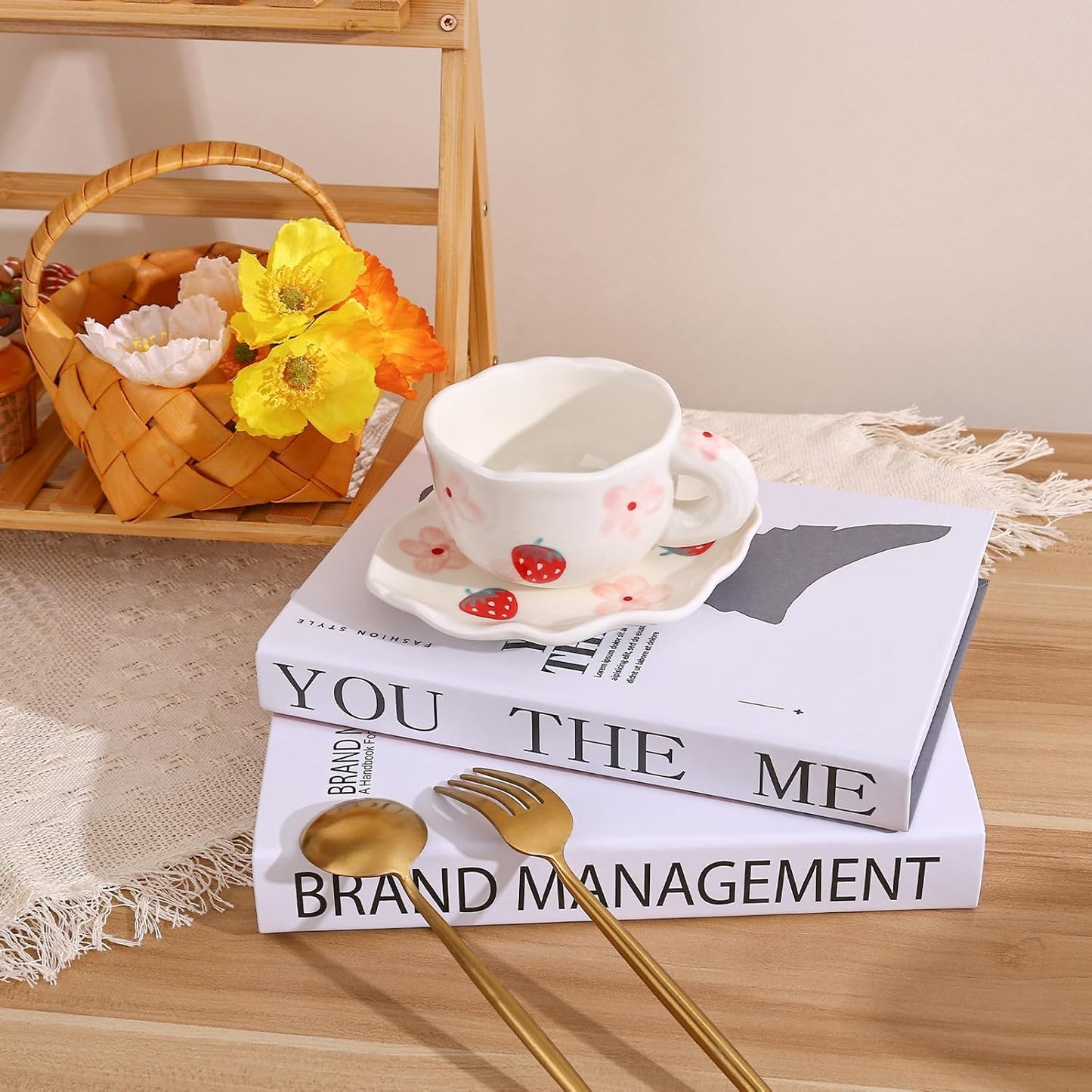 Koythin Ceramic Coffee Mug with Saucer Set, Cute Creative Cup Unique Irregular Saucer Design for Office and Home, 6 oz/180 ml for Latte Tea Milk (Strawberries and Flowers)