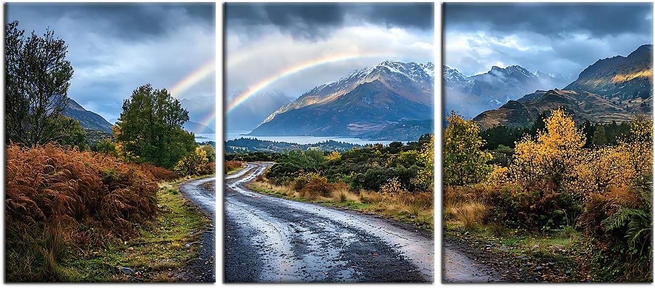 Landscape Canvas Wall Art Rainbow and Beautiful Nature Poster Print Countryside Natural Mountain Paths Picture Painting Wall Decor Artwork for Home Bedroom Bathroom Ready to Hang [36''W x 16''H]