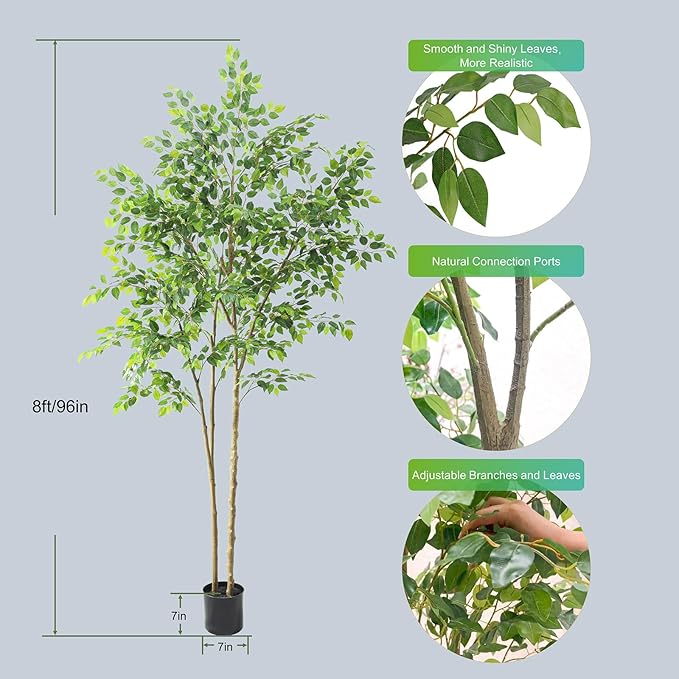 Tall UV Resistant Ficus Tree Artificial，8ft(96in) Realistic Texture Potted Faux Ficus Tree， Fake Trees Indoor Outdoor for Home Office Living Room Bedroom Foyer Porch Decor.