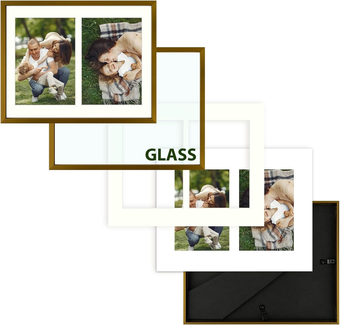 Frametory - 8.5x11 Aluminum Collage Picture Frame - Display 5x7 Pictures with 2 Openings Mat - Real Glass Front - With Easel Stand for Horizontal/Vertical Wall Mount - Bronze 1 Pack