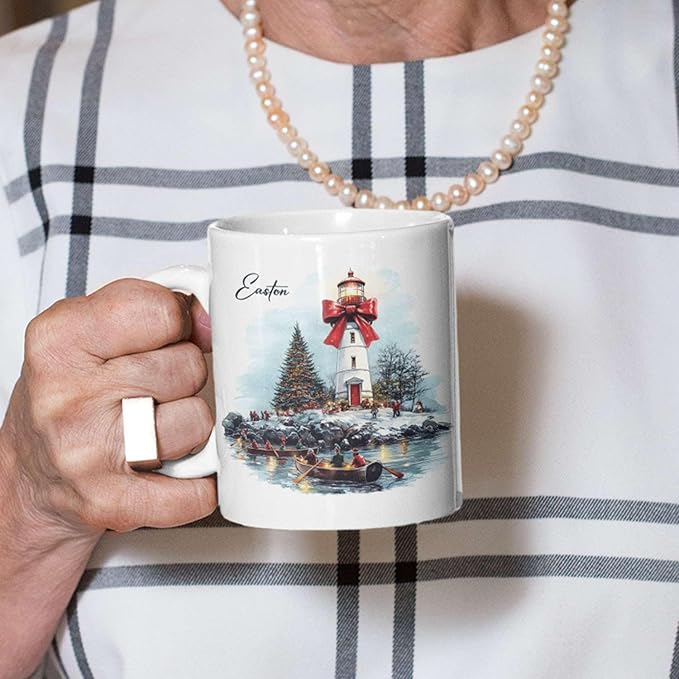 Unique Rowing Festival Cup, Custom Name Holiday Mug, Personalized Christmas Coffee Cup, Gift For Winter Lovers, Customized Christmas Accent Mug, Lighthouse And Bow Ceramic Cup 11oz 15oz