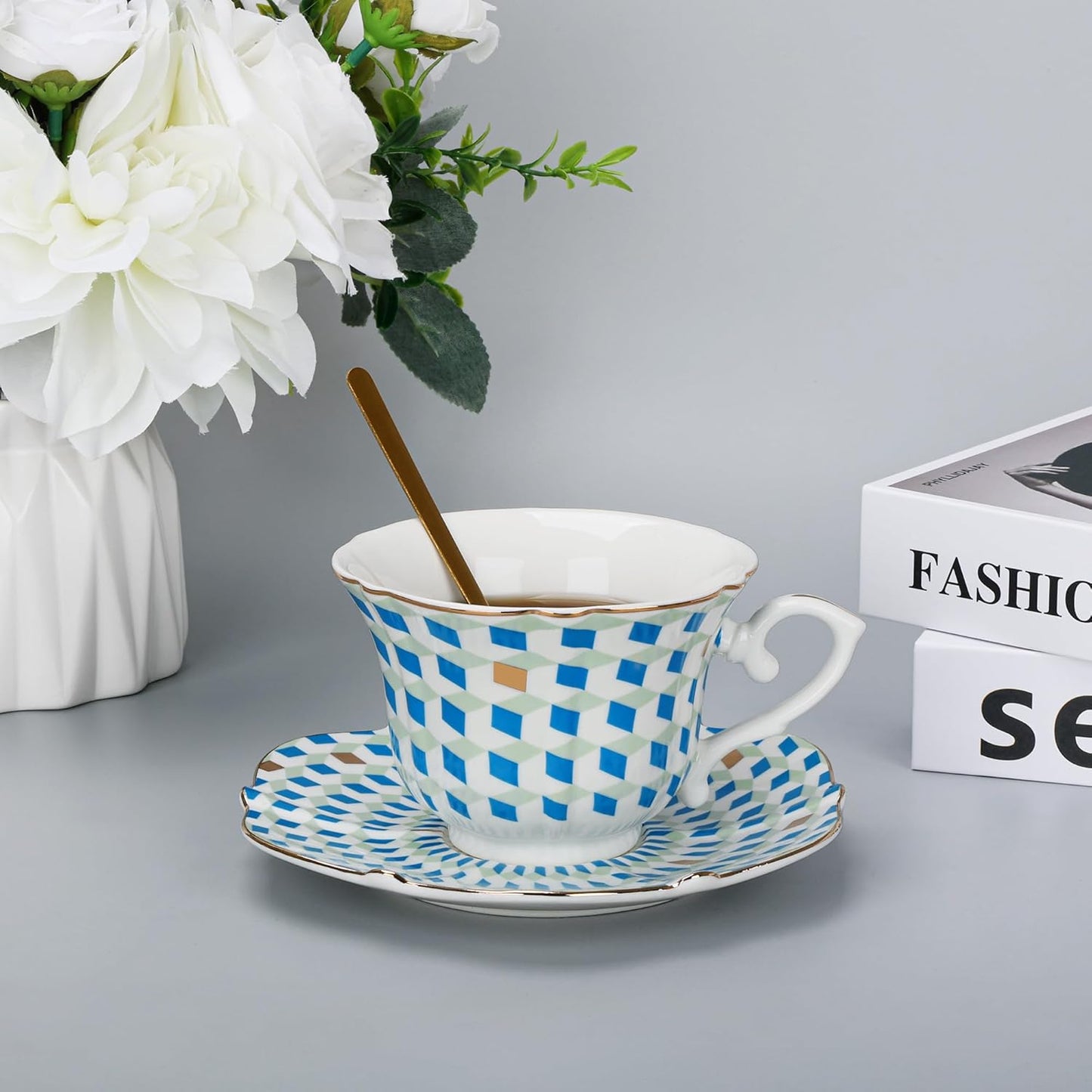 fanquare 6 oz Modern Tea Cup and Saucer Set with Spoon, Blue and White Geometric Pattern Porcelain Coffee Cup, Classic Teacup for Women Tea Party