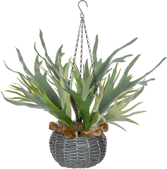 Hollyone Artificial Staghorn Fern Hanging Plants, Fake Boston Fern Hanging Plant in Persian Rattan Pot Faux Fern Plant Potted Hanging Plant for Indoor Outdoor Home Wall Room Garden Decor