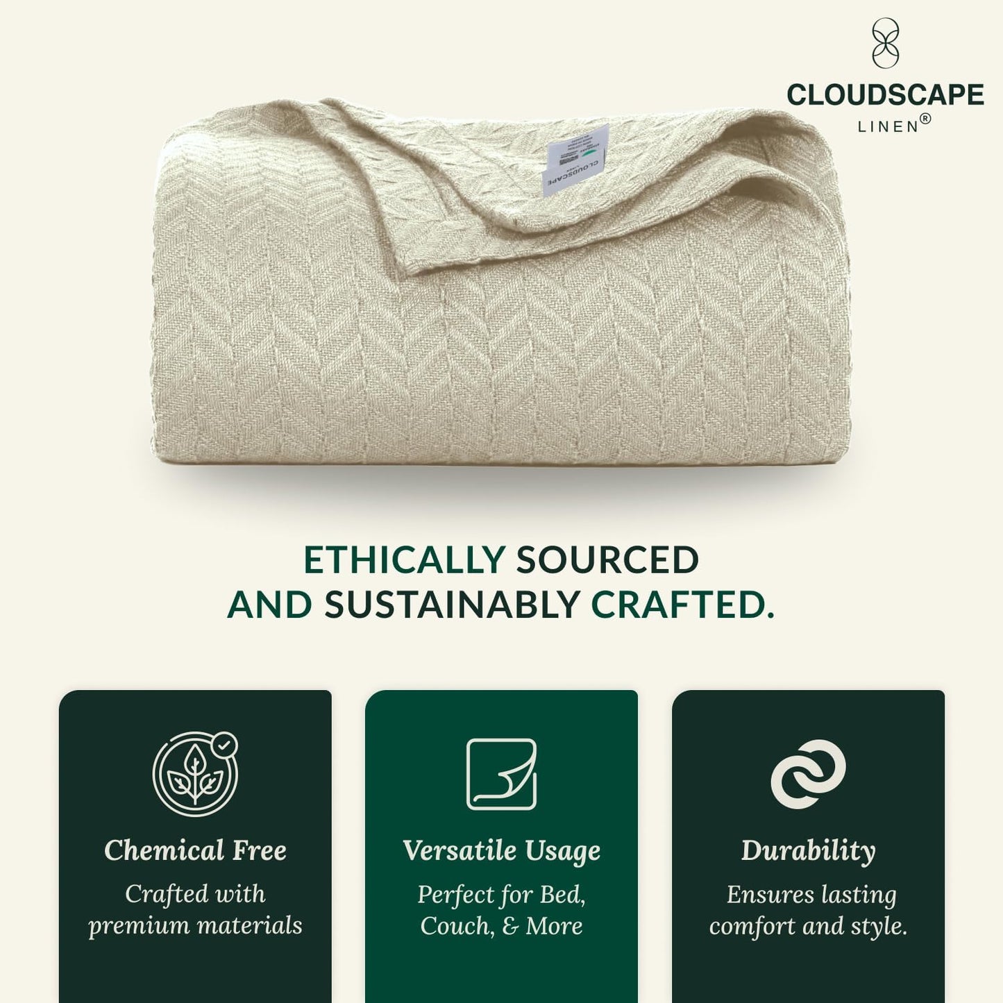 Cloud Scape Linen Herringbone Cotton Throw Blanket for Couch, Bed,Sofa, Home Decor, Soft, Lightweight, All-Season Bed Blanket, 50 x 70,Beige Fog