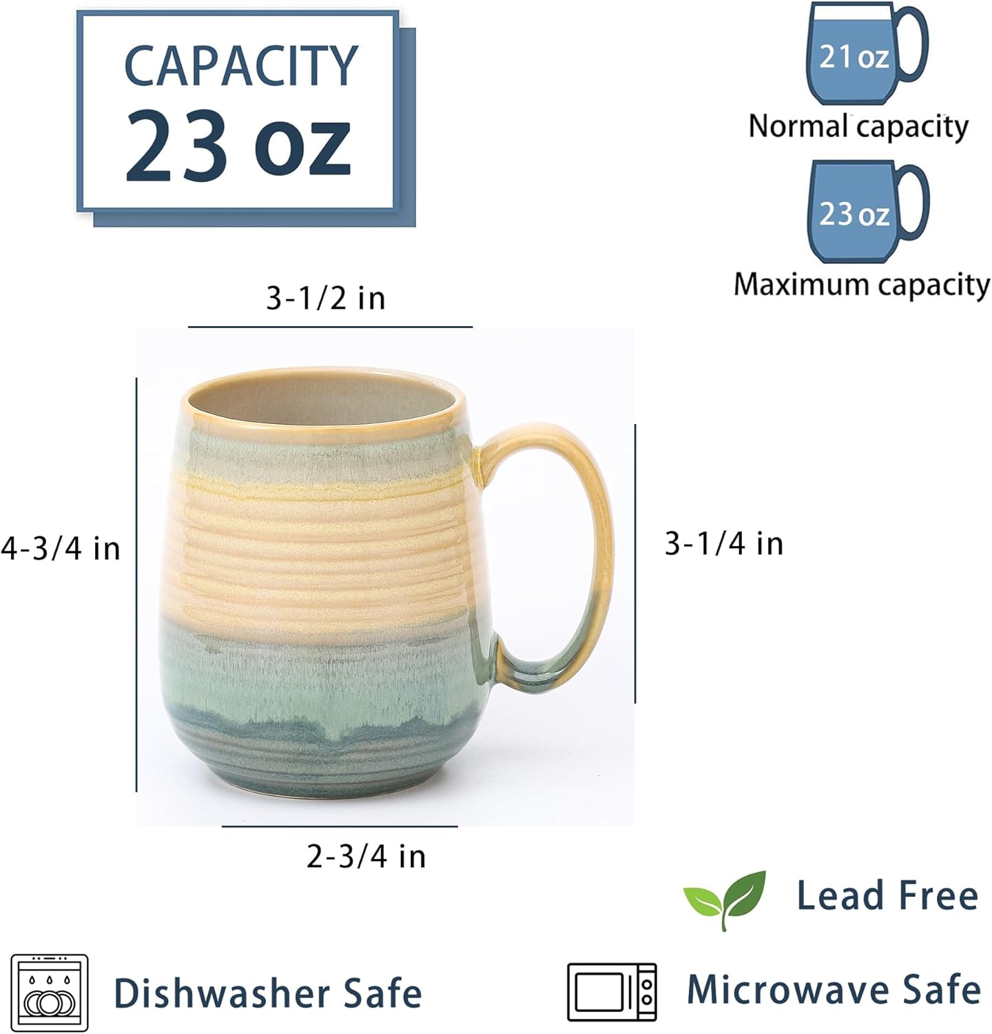 Large Coffee Mugs, Extra Large Ceramic Coffee Mug, 23 oz Handmade Pottery Mug, Big Tea Cups with Handle for Office and Home, Dishwasher and Microwave Safe (Grayish Blue)
