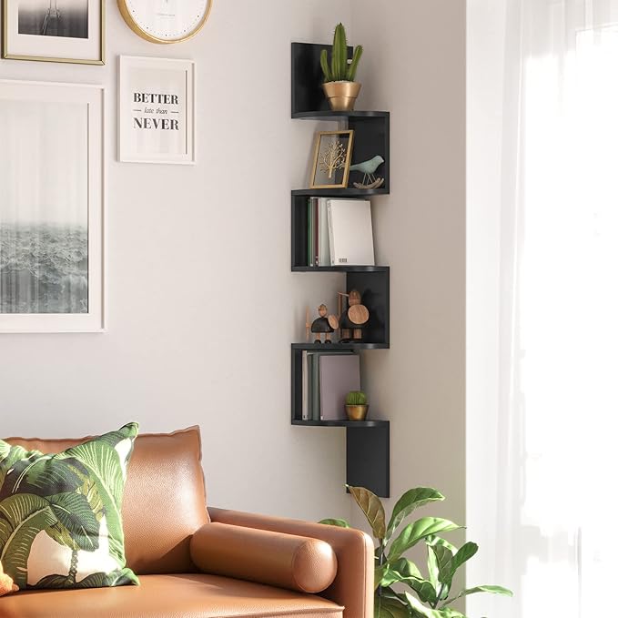 VASAGLE Corner Shelf Wall Mount, 5-Tier Floating Corner Bookshelf, Plant Shelf for Bedroom, Living Room, Bathroom, Home Office, Ink Black