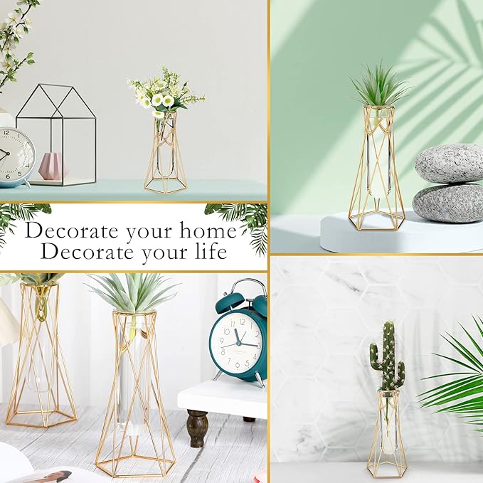 4 Pcs Gold Geometric Vase for Centerpieces Metal Flower Stand with Glass Cylinder Hydroponic Plant Flower Vase for Home Floor Office Wedding