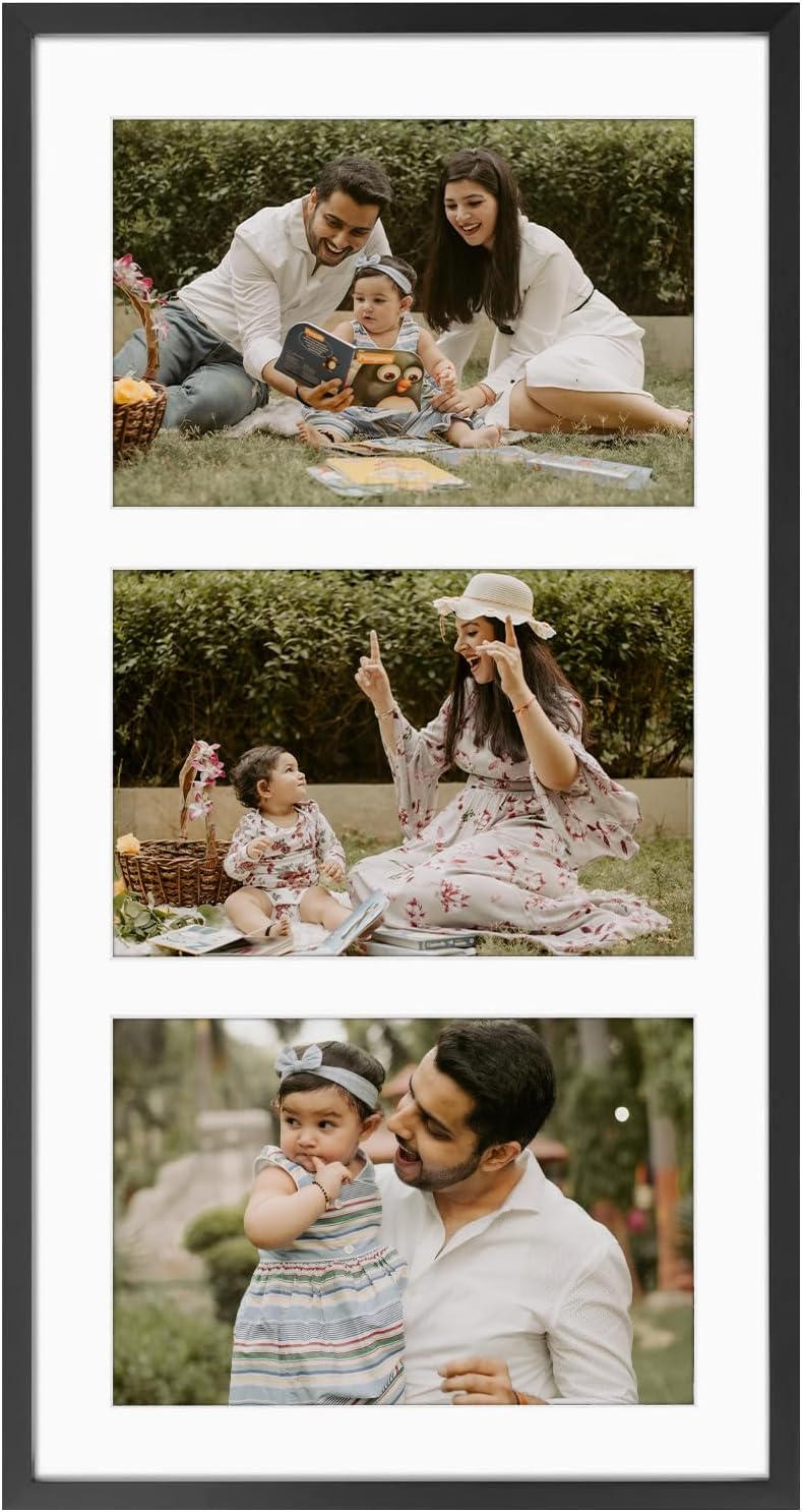 Frametory - 7x14 Aluminum Collage Picture Frame - Display 4x6 Pictures with 3 Openings Mat - Real Glass Front - Horizontal/Vertical Wall Mount - Black 1 Pack
