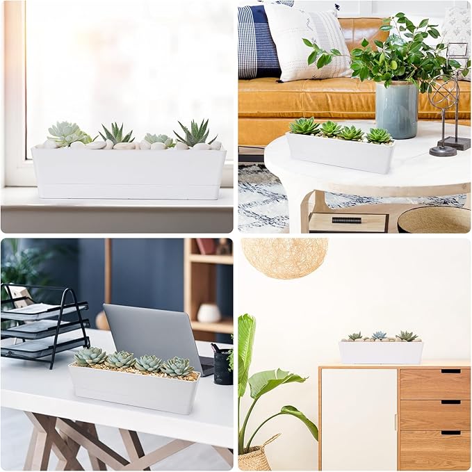 GREANER 16x3.8 Inch Window Boxes Planters, 1PCS White Vegetable Herb Planters with Tray, Indoor Succulent Cactus Flowers Plastic Rectangle Pot for Balcony, Office, Garden, Outdoor, Windowsill