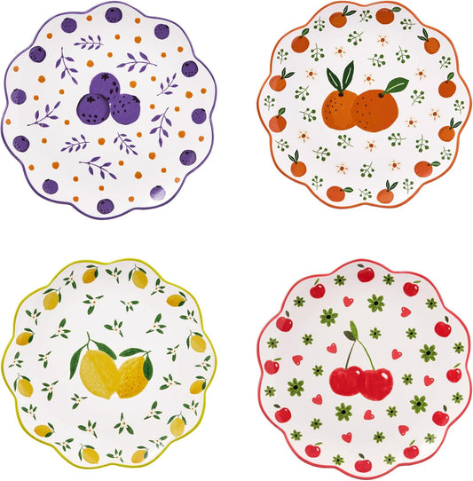 Bico Fruit Pop Scalloped Salad Plates Set of 4, 8.75 Inch Ceramic Dessert Plates for Salad, Appetizer, Side Dishes, Microwave and Dishwasher Safe, Gift for Housewarming and Thanksgiving