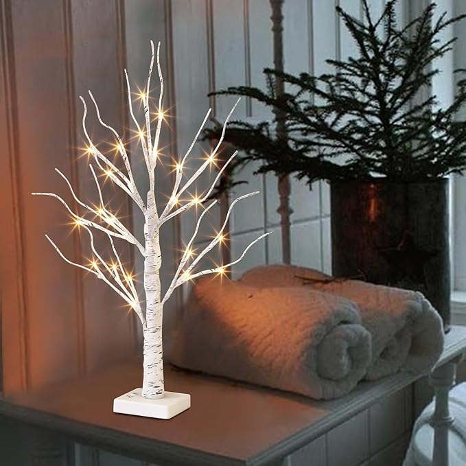 Vanthylit Lighted Tree, White Birch Tree with LED Lights, Prelit Artificial Tree with Timer, Centerpiece Tree Light for Christmas Decorations, Light Up Tabletop Tree Home Decor (2 FT, Warm White)