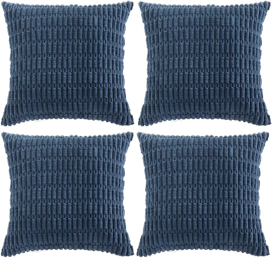 Fancy Homi 4 Packs Dusty Blue Decorative Throw Pillow Covers 20x20 Inch for Living Room Couch Bed Sofa, Rustic Farmhouse Boho Home Decor, Soft Plush Striped Corduroy Square Cushion Case 50x50 cm