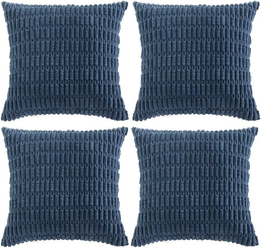 Fancy Homi 4 Packs Dusty Blue Decorative Throw Pillow Covers 22x22 Inch for Living Room Couch Bed Sofa, Rustic Farmhouse Boho Home Decor, Soft Plush Striped Corduroy Square Cushion Case 55x55 cm