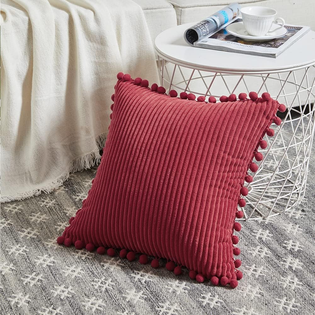 Fancy Homi Set of 2 Burgundy Decorative Throw Pillow Covers 14x14 Inch with Pom-poms for Couch Bed Sofa, Modern Farmhouse Boho Home Decor, Soft Plush Corduroy Cute Cushion Case 35x35 cm