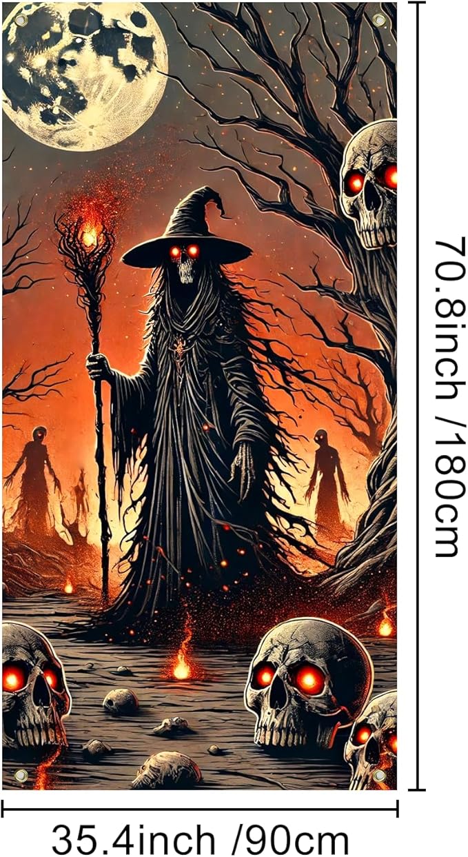 IVN Halloween Door Cover Grim Reaper Witch Scythe Skulls Full Moon Haunted Decor Doors Banner 35x71 Inch Backdrop Decoration for Spooky Events For Girls or boys gifts Banners Dedcrations