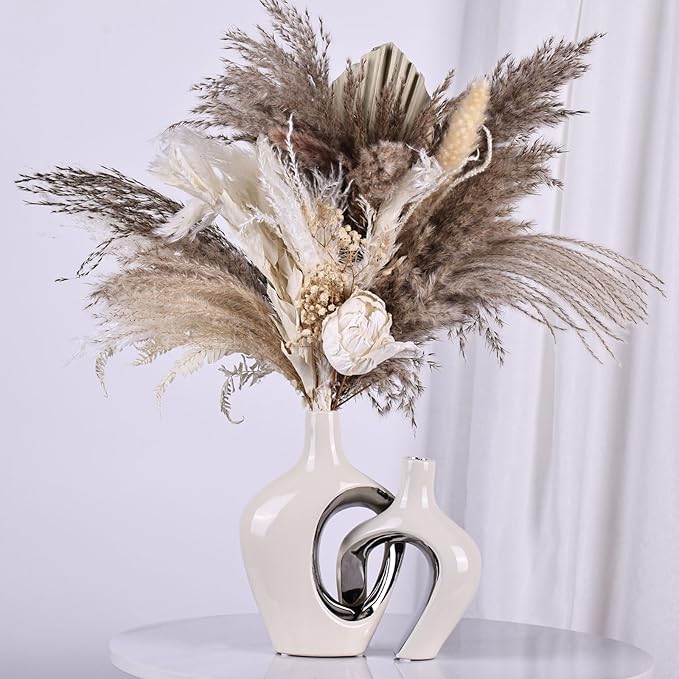 White and Silver Hollow Ceramic Vase Set of 2, Modern Nordic Boho ins Style Aesthetic Decorative Flower Vase for Home Decor, Wedding, Living, Bedroom, Dining Table, Shelf, Mantle, Office Decor