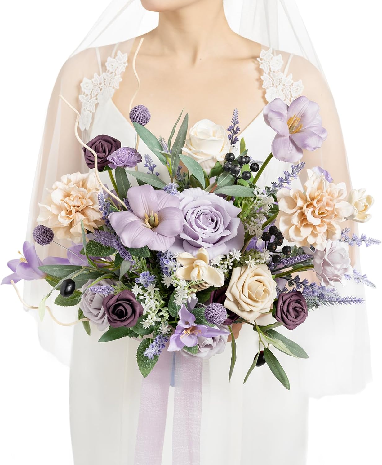 Ling's moment Purple Lavender Wedding Bouquets for Bride, Lilac Bridal Bouquets for Bride,15 Inch Free Form Artificial Wedding Flower Bouquet