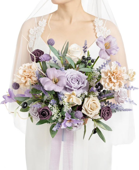 Ling's moment Purple Lavender Wedding Bouquets for Bride, Lilac Bridal Bouquets for Bride,15 Inch Free Form Artificial Wedding Flower Bouquet