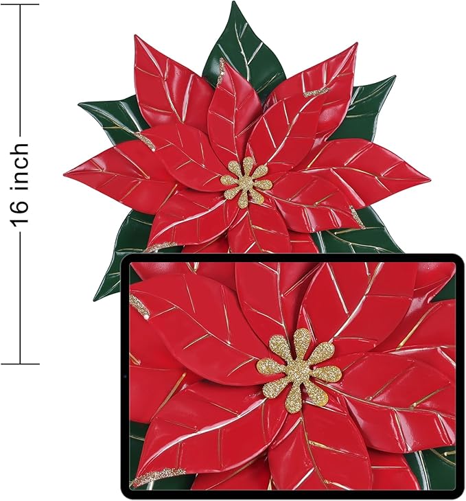YEAHOME Chrismas Wall Decorations Indoor - 16 inch Metal Flower Wall Art Decor, Poinsettia Yard Garden Decor Hanging for Kitchen, Bathroom, Bedroom, Handmade Gift for Home, Indoor or Outdoor