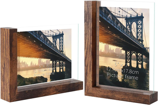 Lavezee 5x7 Picture Frames Set of 2, Double Sided Frame Display Holder with Rustic L Shaped Horizontal Vertical Stand for 5 by 7 Photo, Desktop or Tabletop Decor