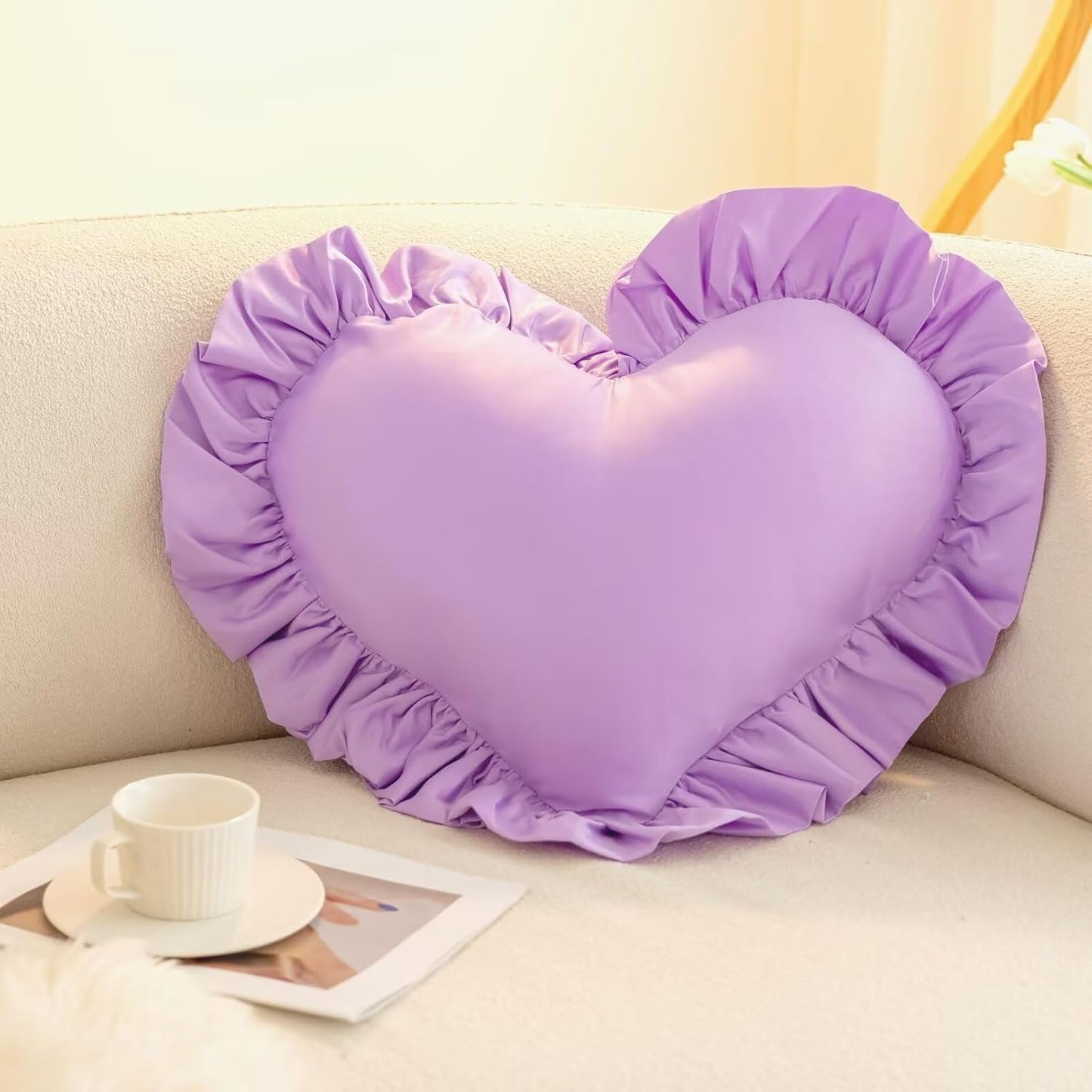 Heart Shaped Throw Pillow,Satin Ruffed Pink Heart Throw Pillows Home Decoration Cushion for Sofa Bed Living Room (20×16inch) Lavender