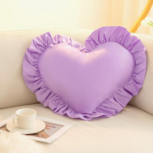 Heart Shaped Throw Pillow,Satin Ruffed Pink Heart Throw Pillows Home Decoration Cushion for Sofa Bed Living Room (20×16inch) Lavender