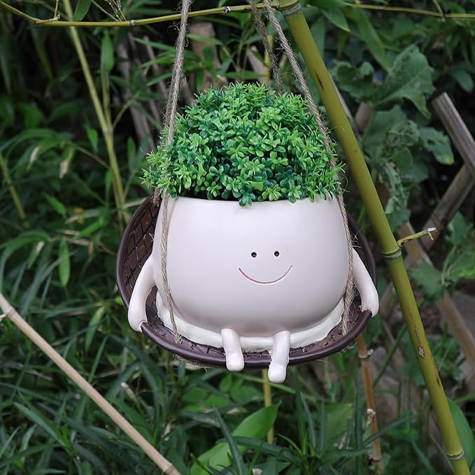bestbear Hanging Swing Chair Planter Pot Resin Smiley Face Planter for Indoor Outdoor Plant Cute Head Flower Pots for String of Pearls Plant Live Unique IdeaI for Mother Day, Christmas (Large)