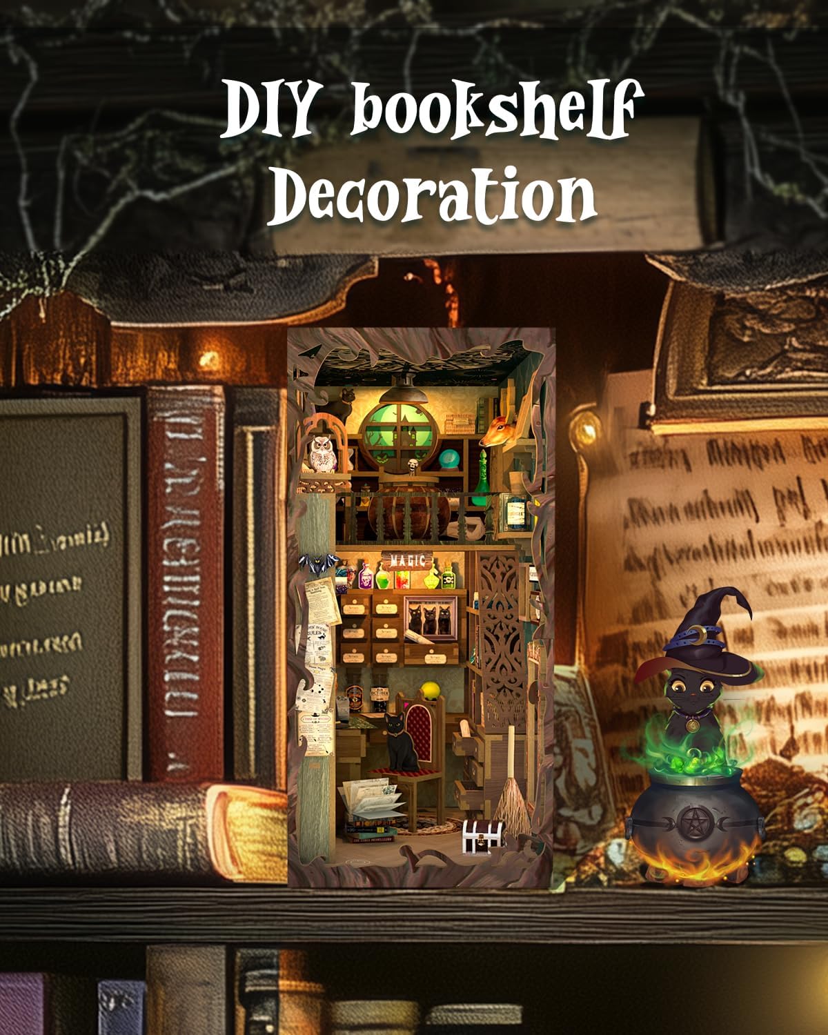 Cutefun Book Nook Kit, DIY Miniature Dollhouse Booknook for Adults, 3D Wooden Puzzle Bookend Bookshelf Insert Decor with LED Light, Gift for Craft Lovers (Magic Pharmacist)
