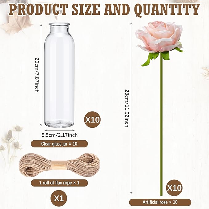 10 Set Dried Pampas Grass Centerpiece for Wedding 10 Clear Glass Jars 10 Artificial Roses 80 Dried Pampas Grass with Rope for Baby Shower Rustic Bridal Party Farmhouse Decoration(Pink)