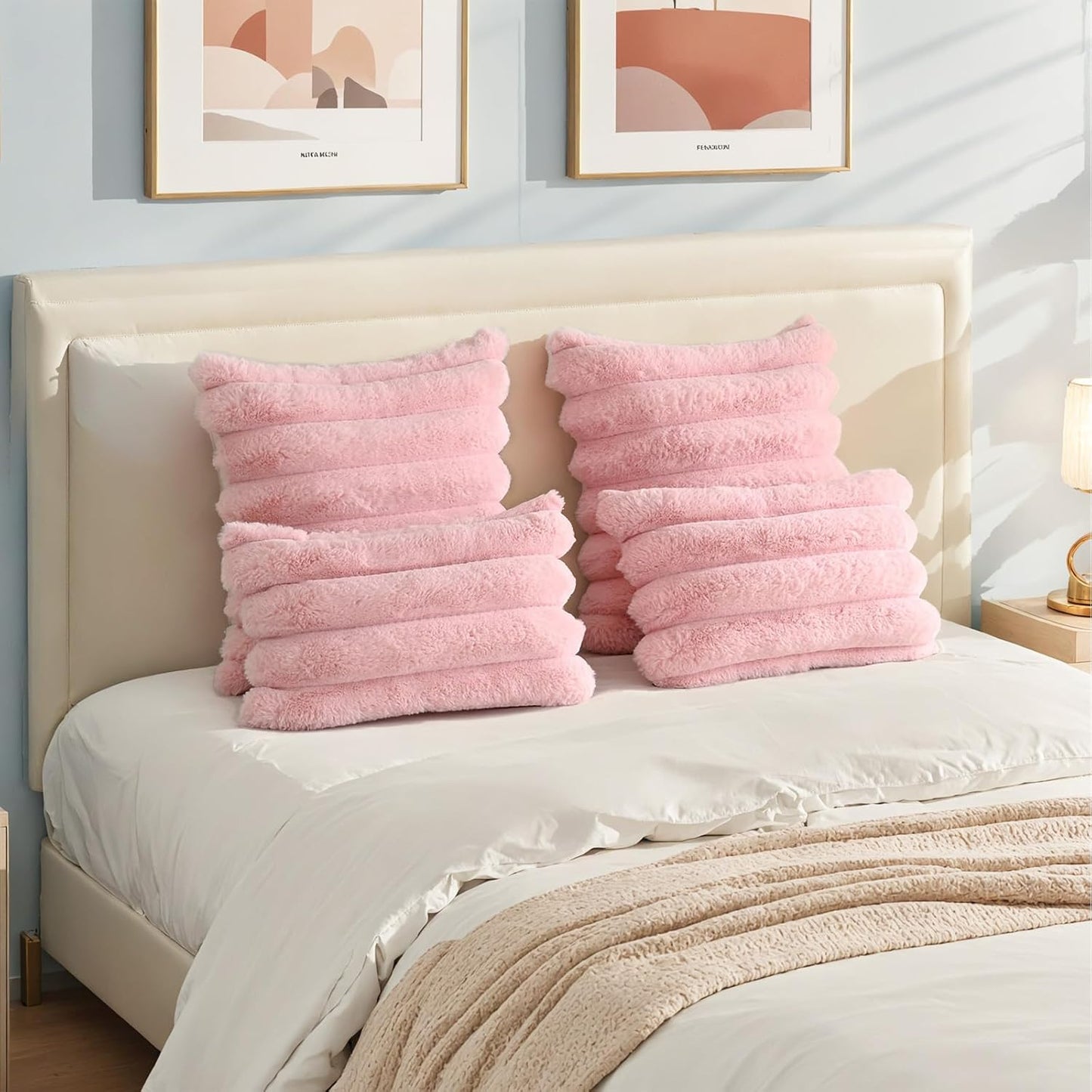 HAUSSY Faux Fur Throw Pillow Covers 20x20 Inch Set of 2,Decorative Striped Neutral Pillow Cases Soft Plush Couch Pillow Covers,Home Decor for Sofa,Bed, Living Room,Pink