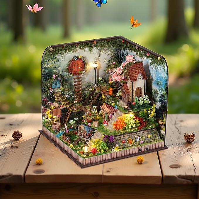 TuKIIE DIY Miniature House Kit with Furniture, 1:24 Scale Creative Room Mini Wooden Dollhouse Book Nook Plus Dust Proof & Music Movement for Kids Teens Adults(Whispering Woods)