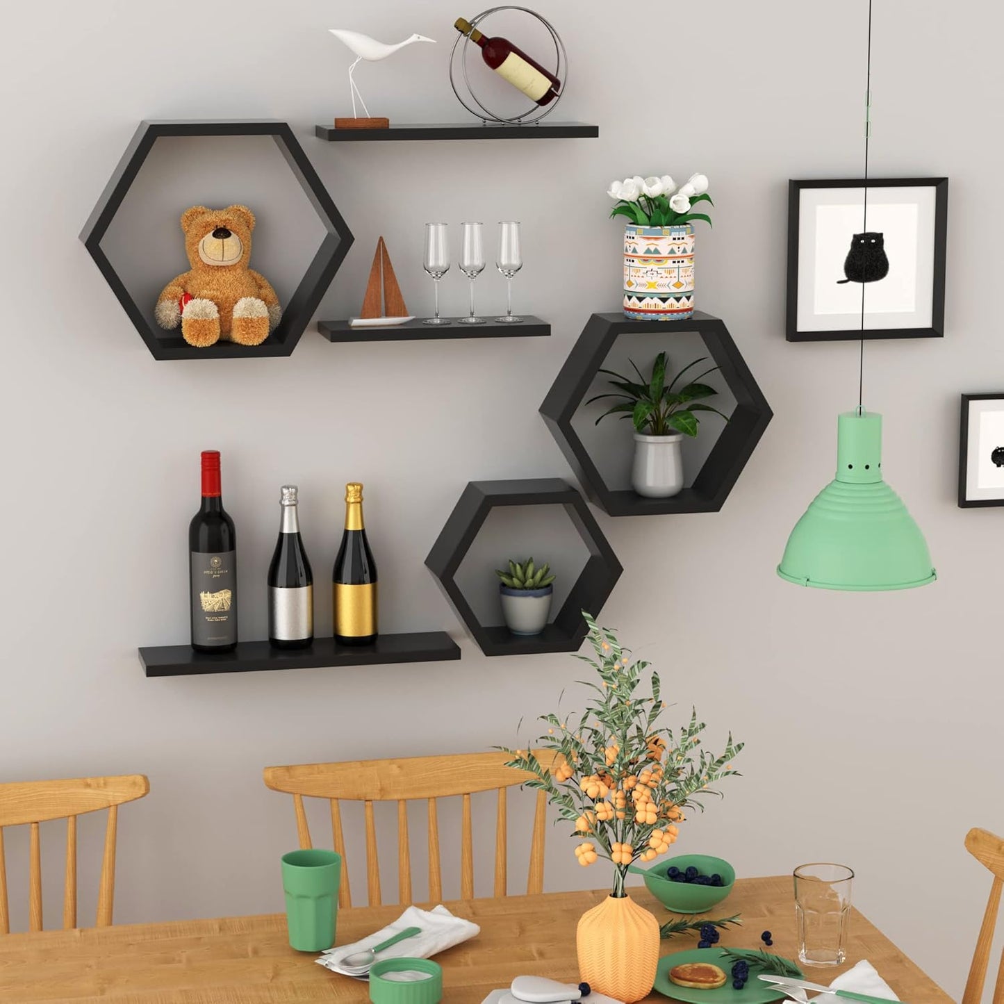 Hexagon Floating Geometric Honeycomb Shelves - Hexagon Floating Shelves Wall Mounted, Honeycomb Wall Shelves Set of 6, Geometric Floating Shelves for Home Decor, Black