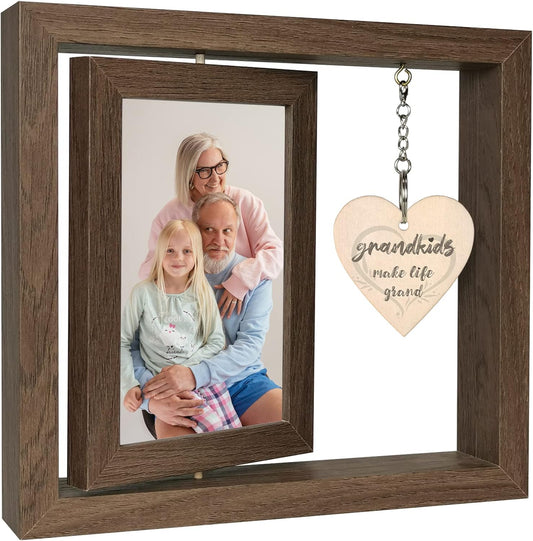 Grandkids Make Life Grand Grandparents Picture Frame, Rotating Floating Grandkids Photo Frame for Christmas Birthday, Display Two 4x6
