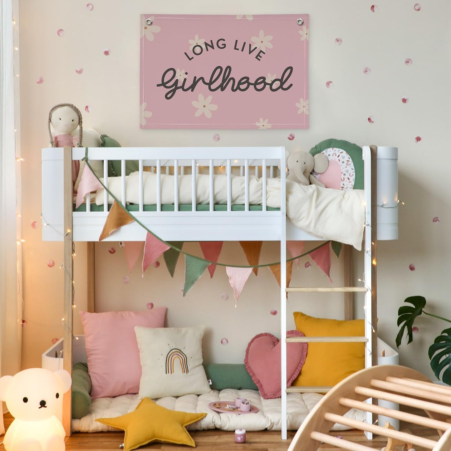 Long Live Girlhood Linen Banner Hanging Pink Flag Flower Banner for Nursery Playroom Wall Decor for Kids Bedroom Living Room Dorm Toddler Decorations Trendy Room 30x20 In (Girlhood)