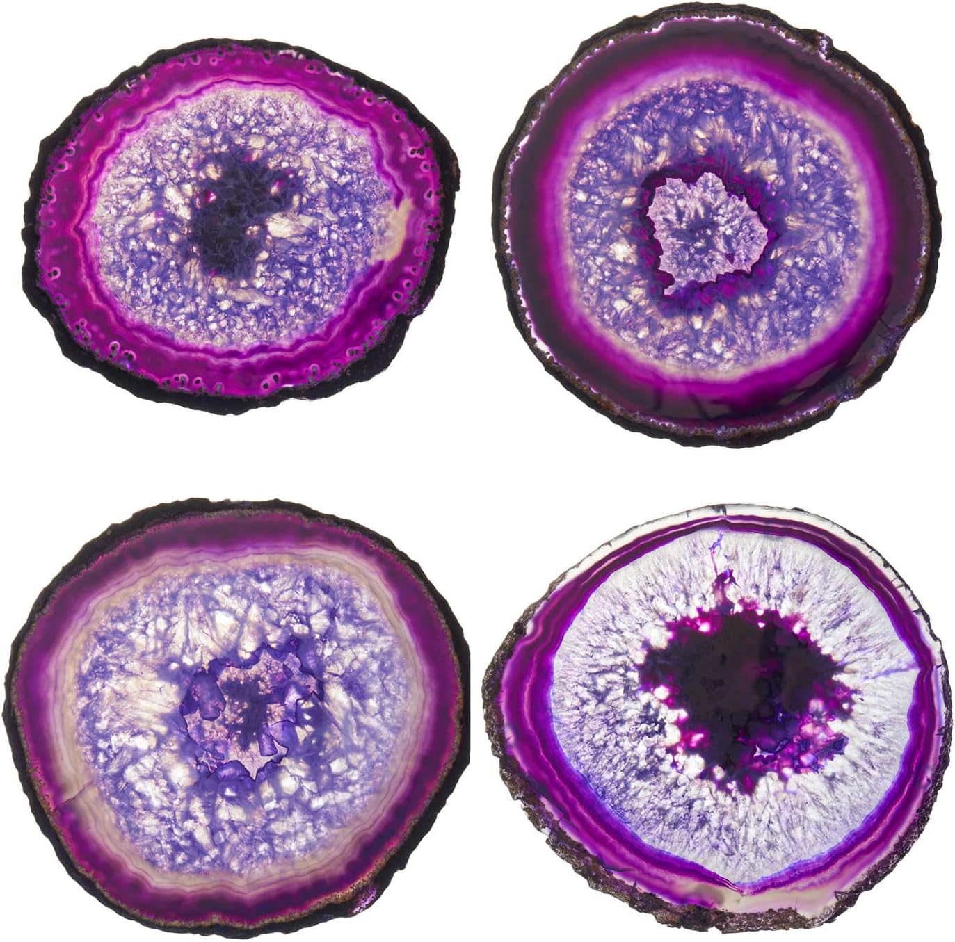 Luxury Lane Set of 4 Large Natural Brazilian Agate Slice Geode Rock Stone Drink Coasters with Wood Holder 4.3-4.7 inch Centerpiece Table Decoration, Amthyst Purple