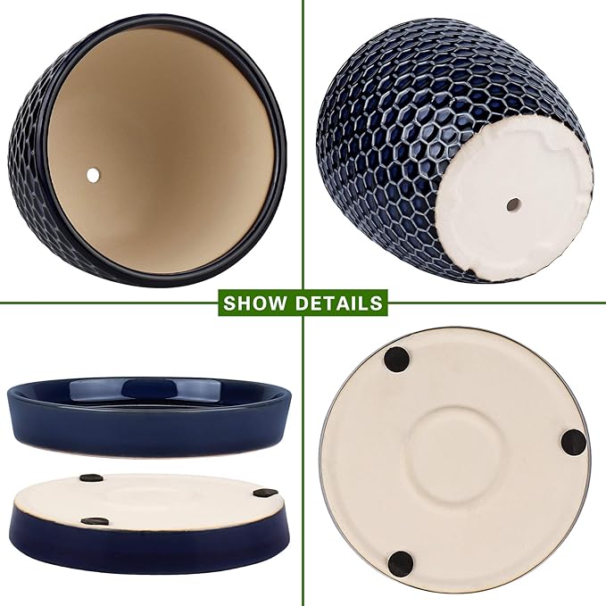 Docrin Ceramic Plant Pots Indoor, 6.6 + 5.5 Inch Planters with Drainage Holes and Saucer for Home/Office - Set of 2 /Blue Honeycomb