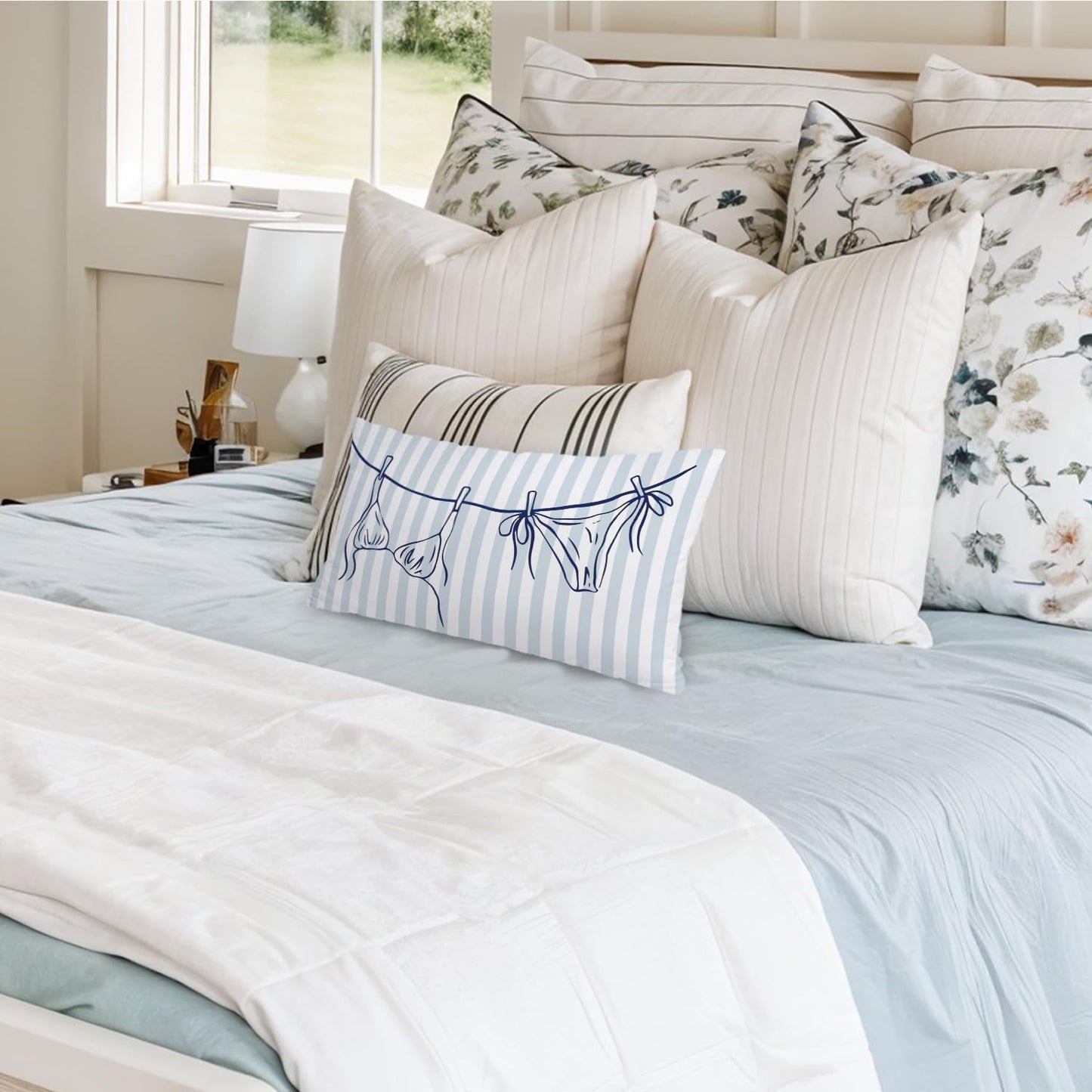 Coastal Beach Girly Room Decor 12x20 Pillow Cover, Preppy Beach Navy Blue Bikini Striped Decorative Lumbar Pillow Covers for Girls Bedroom College Dorm Sofa Couch