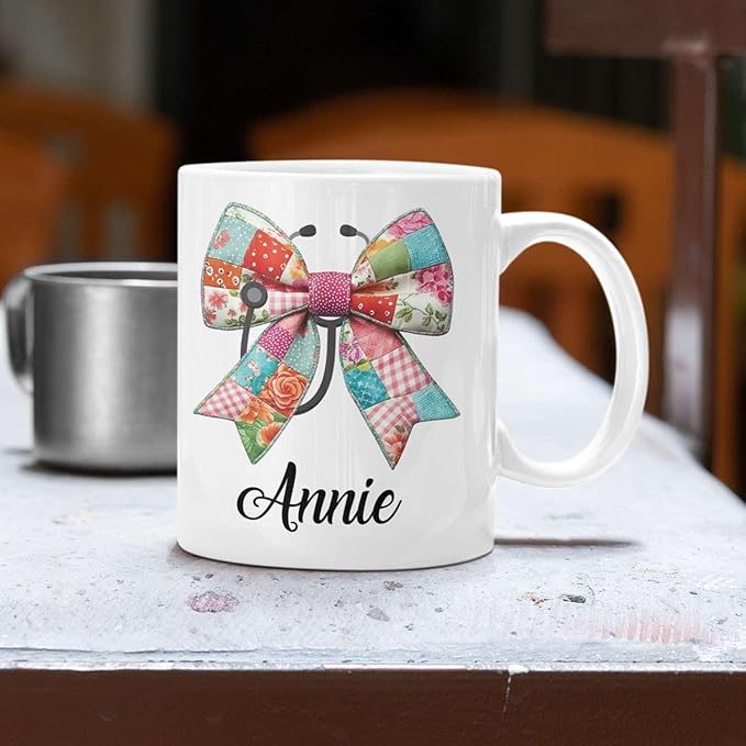 Unique Custom Name Coffee Mug 11oz 15oz, Floral Patchwork Bow White Cup, Personalized Bow with Stethoscope Ceramic Cup, Gifts for Nurses, Custom Vintage-Inspired Mug for Holiday