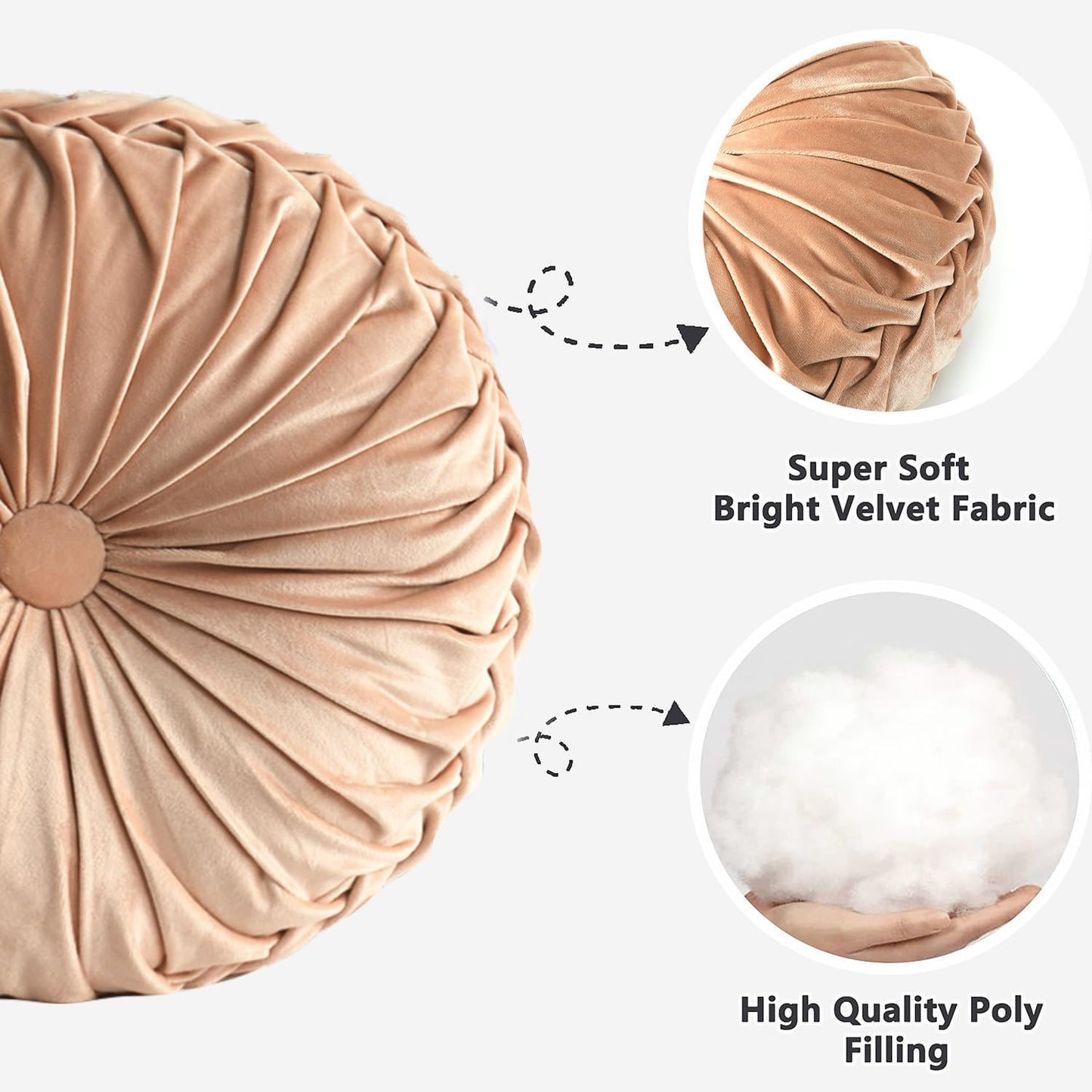 HIG Set of 2 Decorative Round Pleated Throw Pillows,Classy Accent Pumpkin Throw Pillows with Center Button,Vintage Velvet Floor Pillows for Sofa Vanity Chair Bed,Blush,16" Diameter(Ripple)