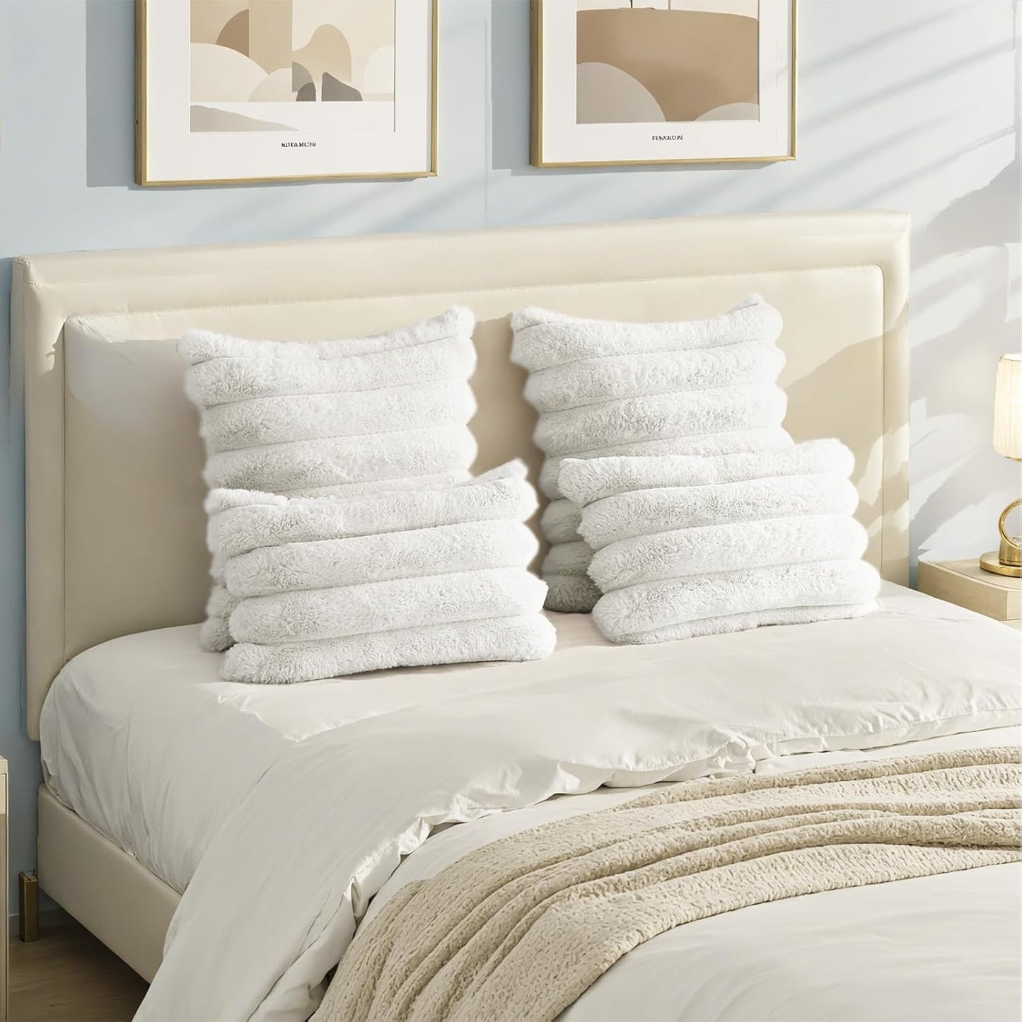 HAUSSY Faux Fur Throw Pillow Covers 12x20 Inch Set of 2,Decorative Striped Neutral Pillow Cases Soft Plush Couch Pillow Covers,Home Decor for Sofa,Bed, Living Room,Cream White