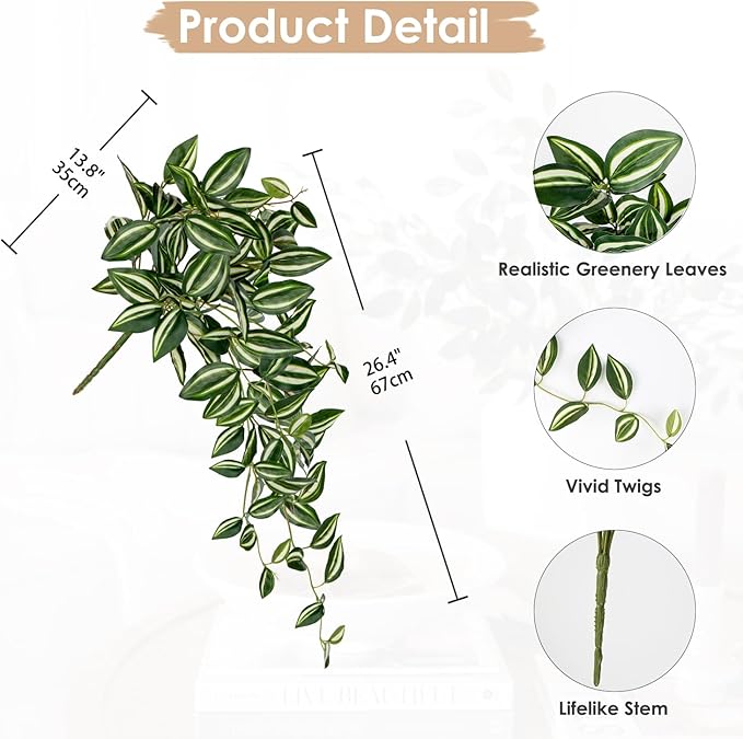 DILATATA Fake Hanging Plants Artificial Hanging Plants 26" Faux Wandering Jew Hanging Leaves Plants for Wall Shelf Home Indoor Outdoor Decor - 2 Pack