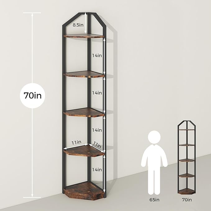 Fun Memories 5 Tier Corner Shelf, 70” Corner Shelf Stand, Corner Bookshelf Plant Stand, Storage Shelf for Bathroom, Living Room, Kitchen,Home Office, Brown