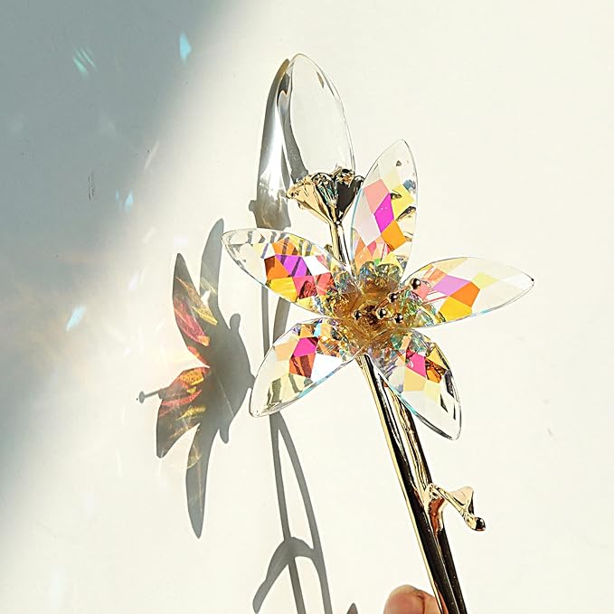 LONGWIN Crystal Artifical Tiger Lily Flowers with Vase - AB Coated Crystal Collectible Figurines Blooming Fake Lily Flower Home and Wedding Decor